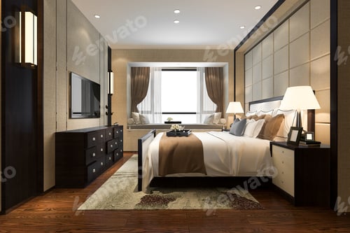 Preview: 3d rendering beautiful luxury bedroom suite in hotel with tv