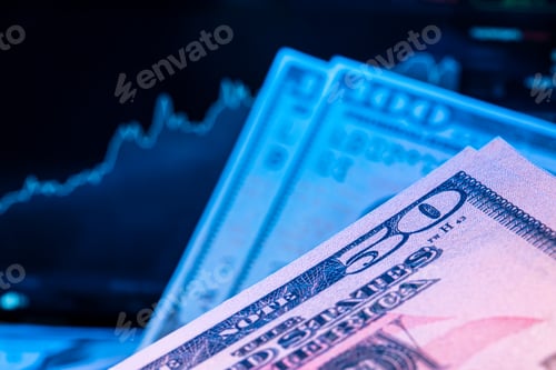 Preview: Dollars in front of a monitor with a price chart. Forex and trading