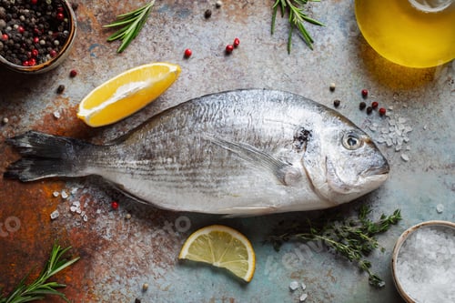 Preview: Fresh raw Dorado fish with spices and olive oil on a blue rusty table. Top view. Flat lay