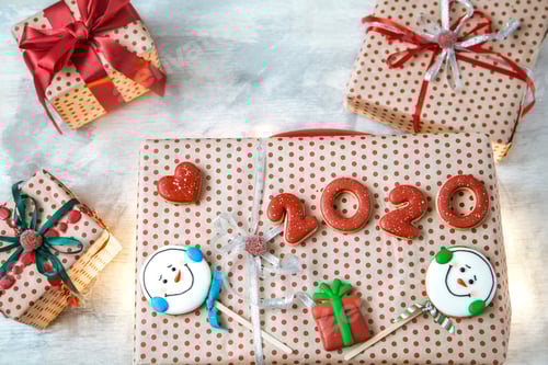 Preview: Holiday beautiful boxes with gingerbread, top view.