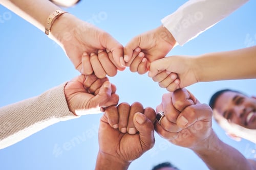 Preview: Big family, fist bump and teamwork below in support for trust, bonding or unity and collaboration o