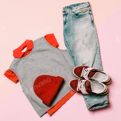 Preview: Stylish clothes set. City casual fashion. Spring. Denim and acce