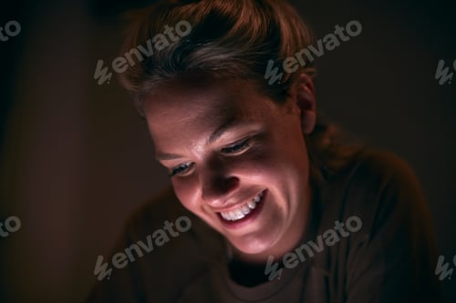 Preview: Smiling Woman With Face Illuminated By Digital Tablet Screen At Night