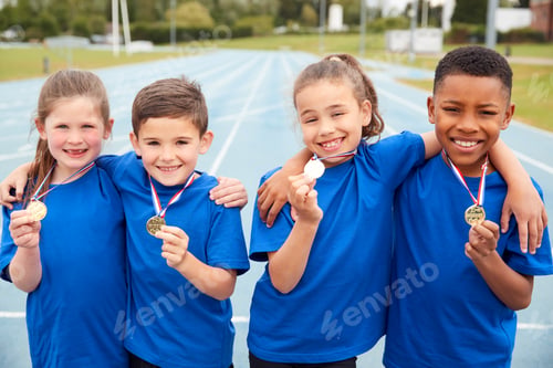 Smiling Children Proudly Displaying Medals on Track
