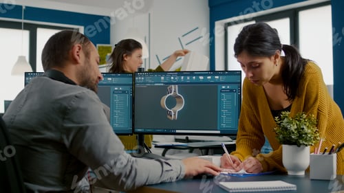 Preview: Team discussing about industrial project using dual monitors setup