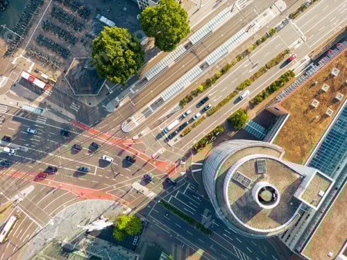 Preview: Aerial drone shot of asphalt roads of Heidelberg city in Germany in sunny weather