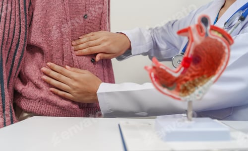 Preview: female medical professional a stethoscope is holding a clipboard, possibly discussing gastritis