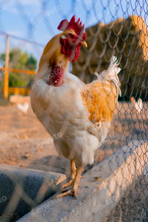 Preview: A close-up of beautiful rooster standing in a chicken pen on a farm.nature and farming