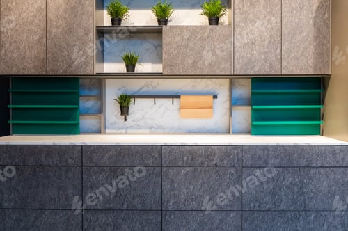Preview: Modern kitchen cabinet with marble backsplash and shelves
