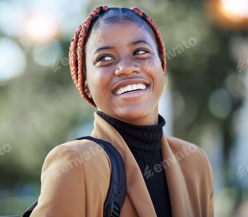 Preview: Face, happy black woman and student at park ready for learning, studying and education. Scholarship