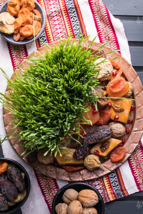 Preview: Novruz setting table decoration, wheat grass, Azerbaijan national pastry pakhlava