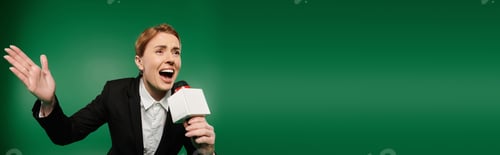 Preview: Charismatic TV host engages viewers on a vibrant green backdrop