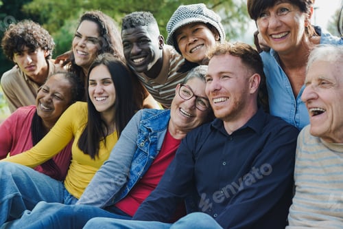 Preview: Crowd of multiracial people having fun together at city park