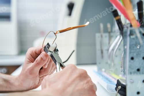 Preview: Male optician hands repairing eyeglasses in workshop