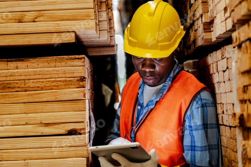 Preview: african man checking the quality of wooden products at workshop