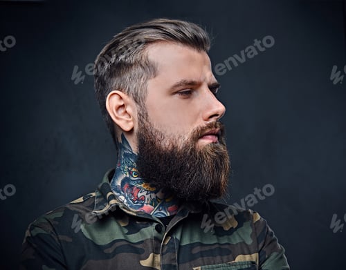 Preview: Portrait of bearded tattooed hipster male dressed in a military jacket.