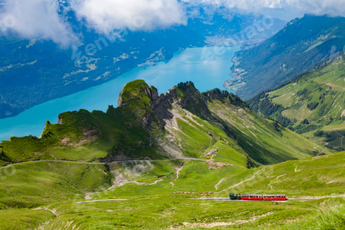 Preview: Train travelling through mountains, Brienzer Rothorn, Bernese Oberland, Switzerland