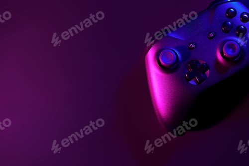 Preview: Gaming joystick on black background in neon light
