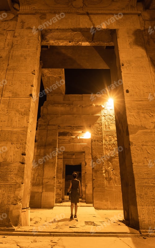 Preview: A Young Girl Between The Columns At Night Of The Temple Of Kom Ombo In Traditional Dress, The