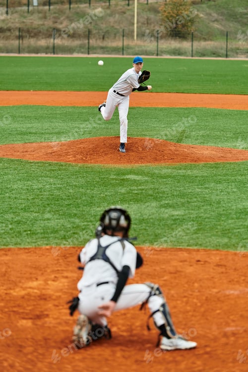 Preview: Teenage boys engaged in a thrilling baseball game on a sunny field