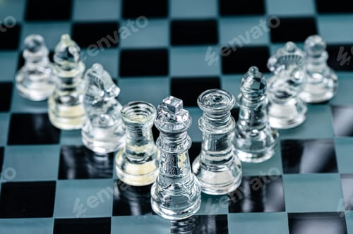 Preview: transparent glass chess pieces arranged in a row reflecting in glass chessboard. Isolated on black