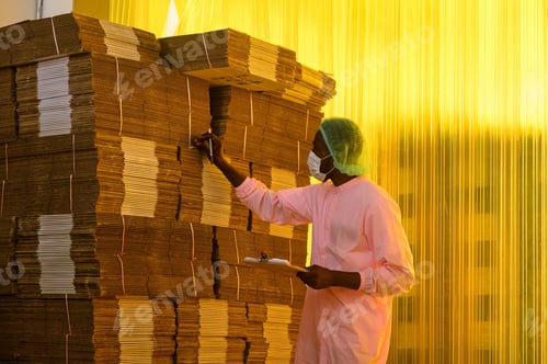 Preview: African male employee checking with clipboard at stacked cardboard package stuck in warehouse