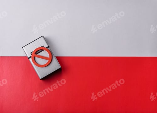 Preview: A metal cigarette box with a no smoking sign depicts a harmful habit. A cigarette box