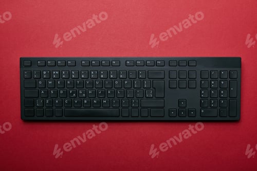 Preview: Top view of black plastic computer keyboard on red background