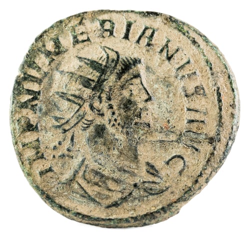 Preview: Closeup shot of an ancient Roman copper coin of Emperor Numerian, obverse