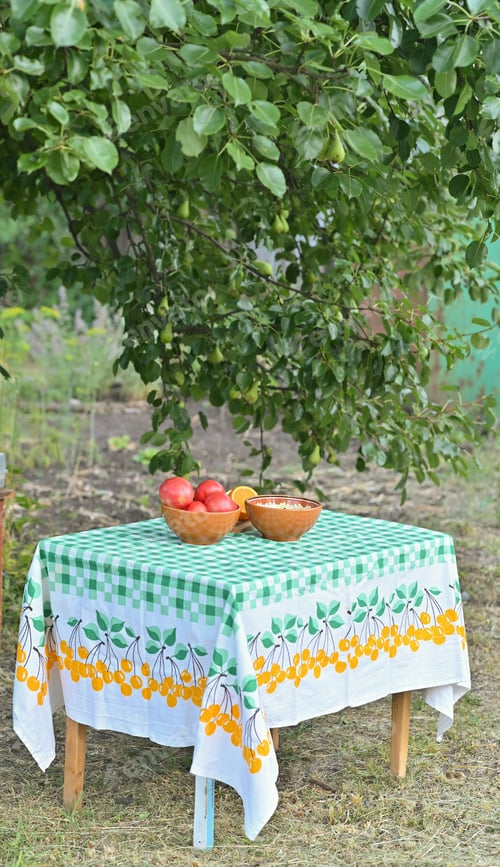 Preview: the table is covered with a tablecloth with plates