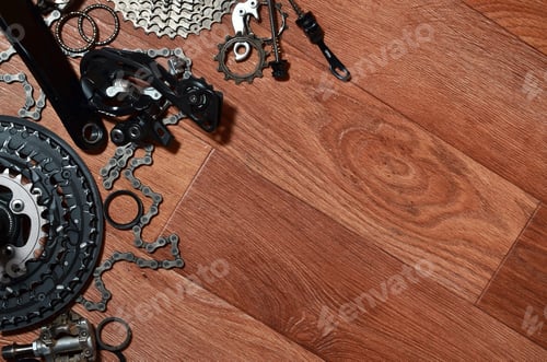 Preview: Many different metal parts and components of the running gear of a sports bike