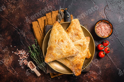 Preview: Samsa with chicken and cheese, samosa oriental pies. Dark background. Top view