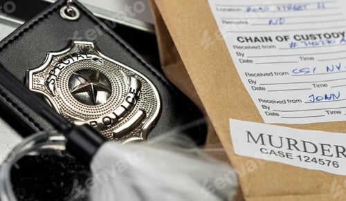Preview: Police badge next to evidence bag, concept image