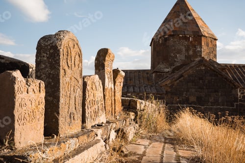 Preview: Sevanavank Monastery located on shore of Lake Sevan in Armenia at autumn sunny day