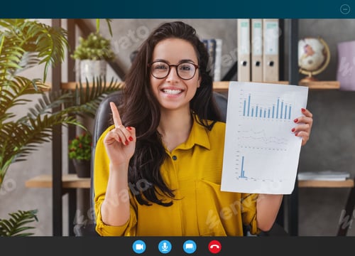 Preview: Smiling female with stack of paperwork documents and reports by video call from home office