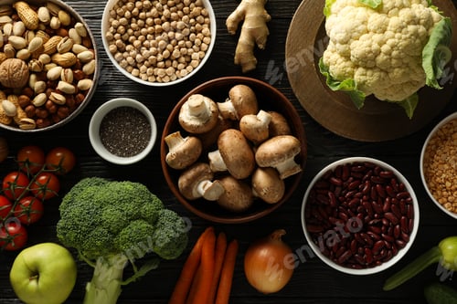 Preview: Set of vegan protein products on dark wooden background, top view