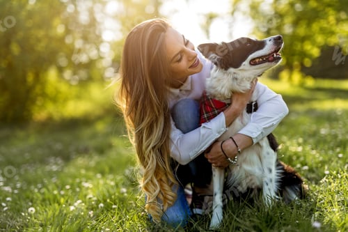 Preview: Happy young woman playing with her dog in park