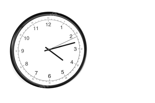 Preview: Part of analogue plain wall clock on white wall background. Four o'clock twelve minutes. Close up