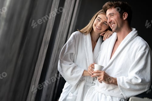 Preview: Young beautiful couple at morning time. Close up