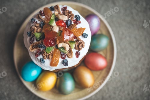 Preview: still life Easter cake and painted Easter eggs