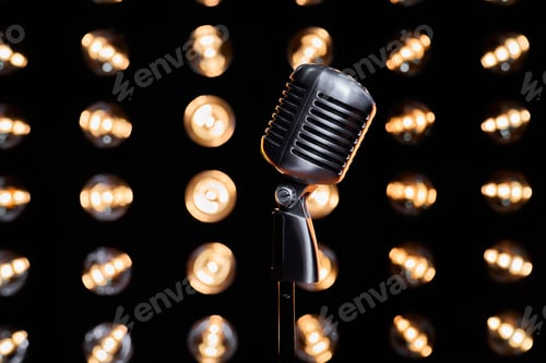 Preview: Close up of retro classic mic surrounded by spotlights.