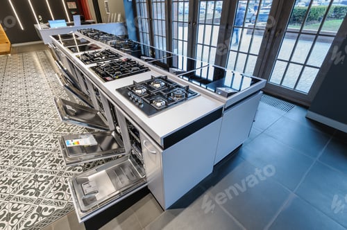 Preview: Brand new gas stoves in apliance store showroom