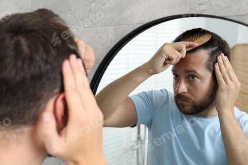 Preview: Man brushing his hair near mirror indoors. Alopecia problem
