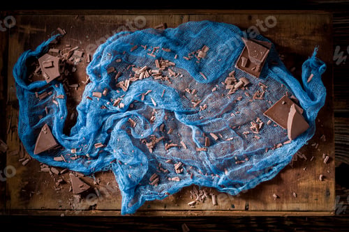 Preview: Blue and brown background with chocolate bar and textile
