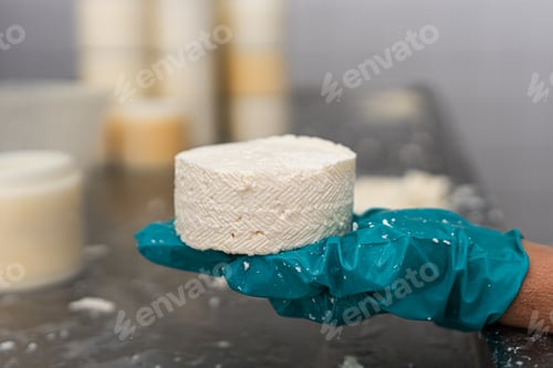 Preview: close-up shot of a woman's gloved hand showing a fresh cheese
