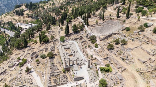 Preview: Aerial bird's eye view photo taken by drone of archaeological site of ancient Delphi.
