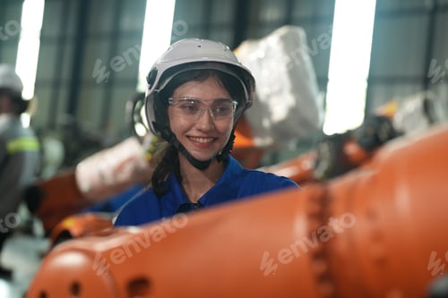 Preview: Robotics engineer working on maintenance of robotic arm in factory warehouse. Business technology.