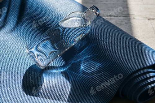 Preview: Water Bottle Resting on a Blue Yoga Mat