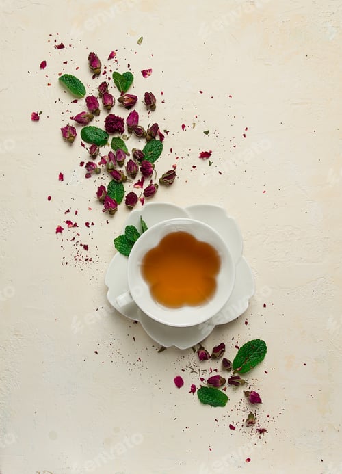 Preview: cup of tea, damask rose, pink tea, close-up,