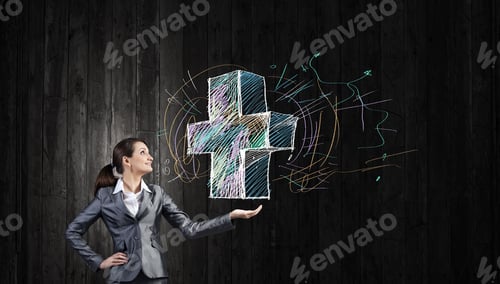 Preview: Young Businesswoman Holding Drawn Plus In Palm